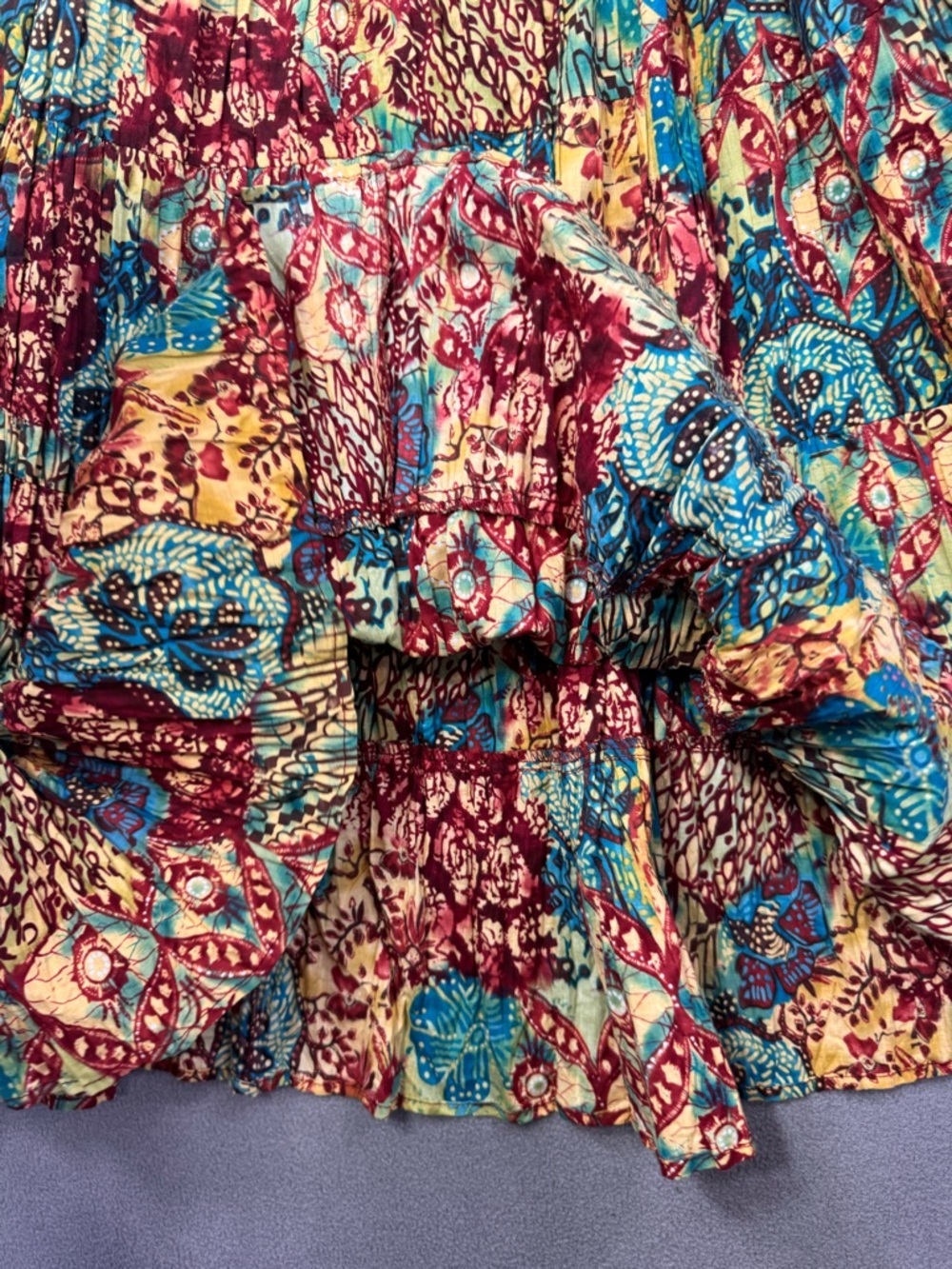 Vintage Y2K Boho Patchwork Pleated Midi Skirt, Ruffle Tiered 100% Cotton, 1X - Picture 11 of 13